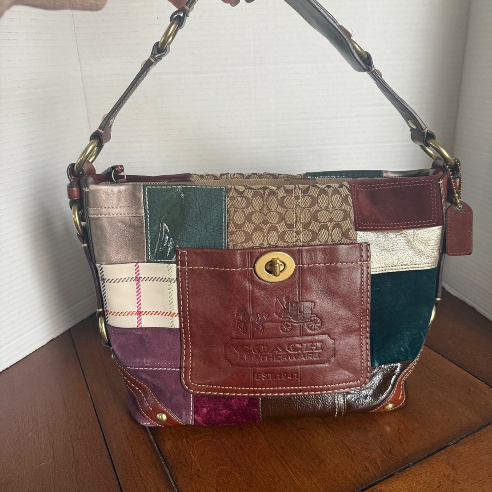 Vintage Coach Holiday Patchwork Bleecker Hobo Bag Multicolor Leather Canvas EEUC